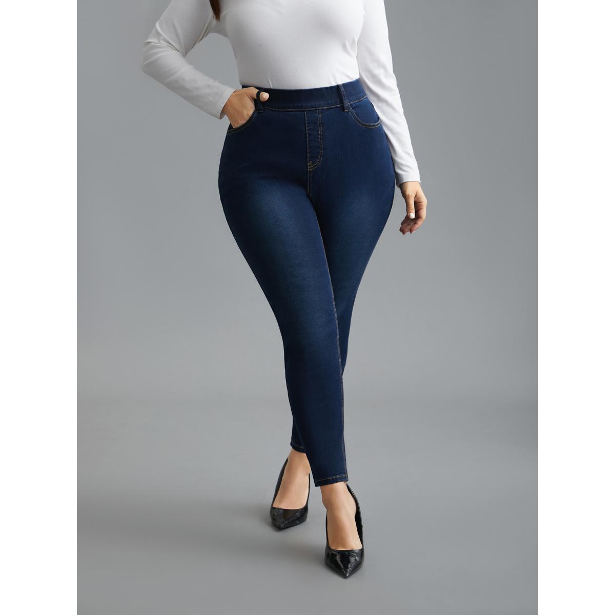 Plus Size Elastic Waist Mid Rise Skinny Jeans Women Denimindigo Elegant Medium stretch Slanted pocket Jeans BloomChic 10/M Product Image