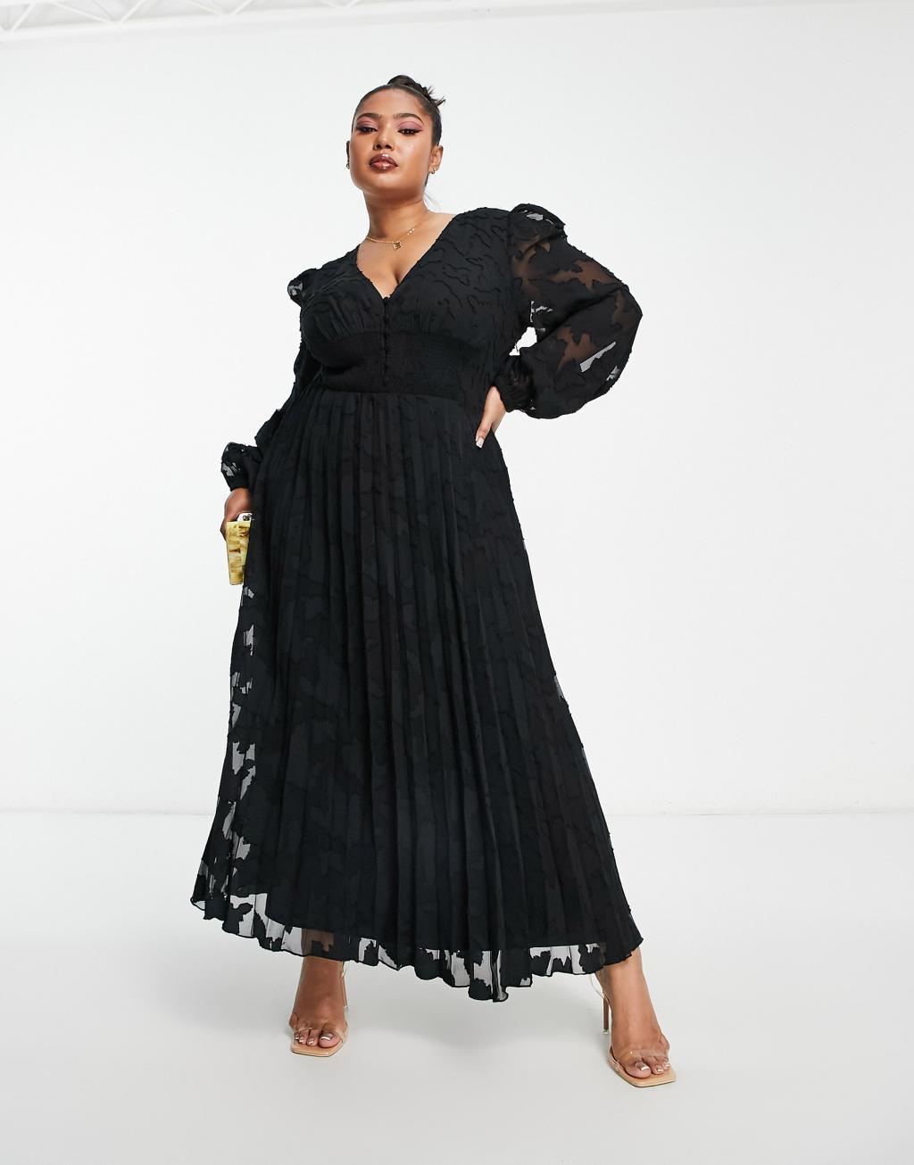 ASOS DESIGN Curve burnout button through shirred waist pleated midi dress Product Image
