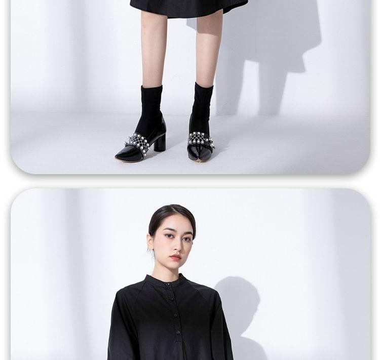 Long-Sleeve Stand Collar Plain Half-Buttoned Tunic Dress Product Image