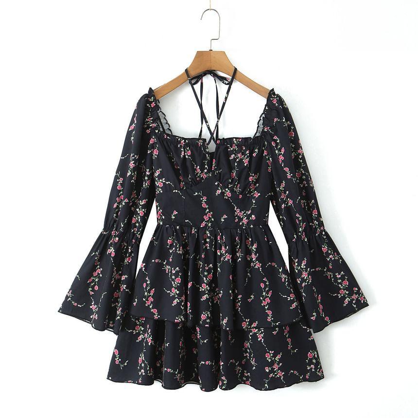 Long-Sleeve Square Neck Floral Print Mini A-Line Dress Product Image