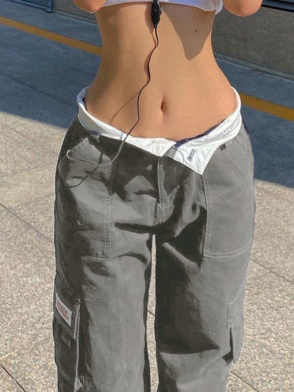 Fold Over Waist Y2K Straight Leg Pants Product Image
