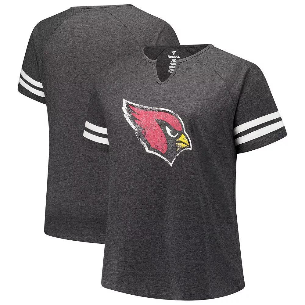 Women's Fanatics Charcoal Arizona Cardinals Plus Size Logo Striped Raglan Notch Neck T-Shirt, Size: 3XL Product Image
