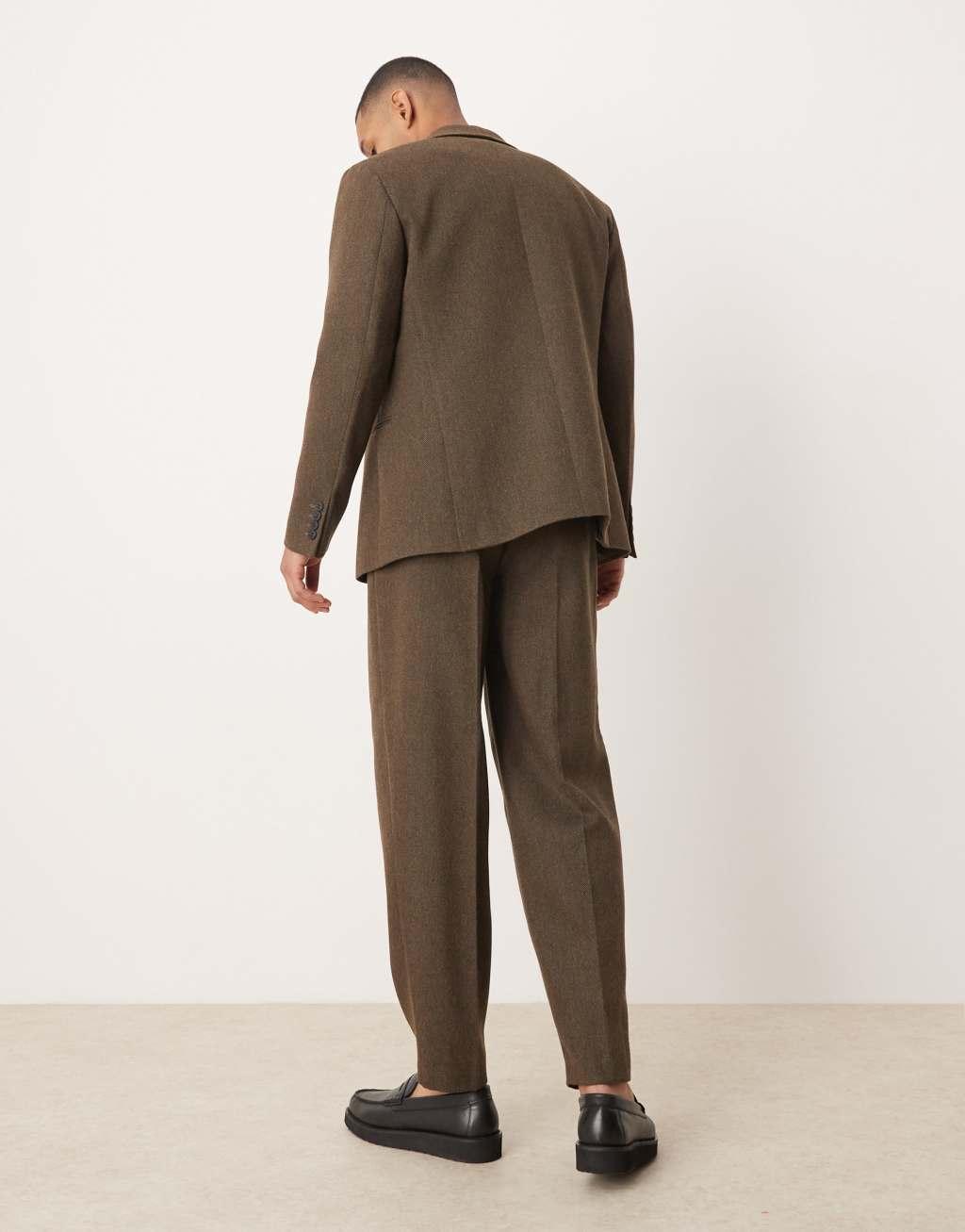 ASOS DESIGN oversized tapered suit pants with pleat in brown herringbone wool Product Image