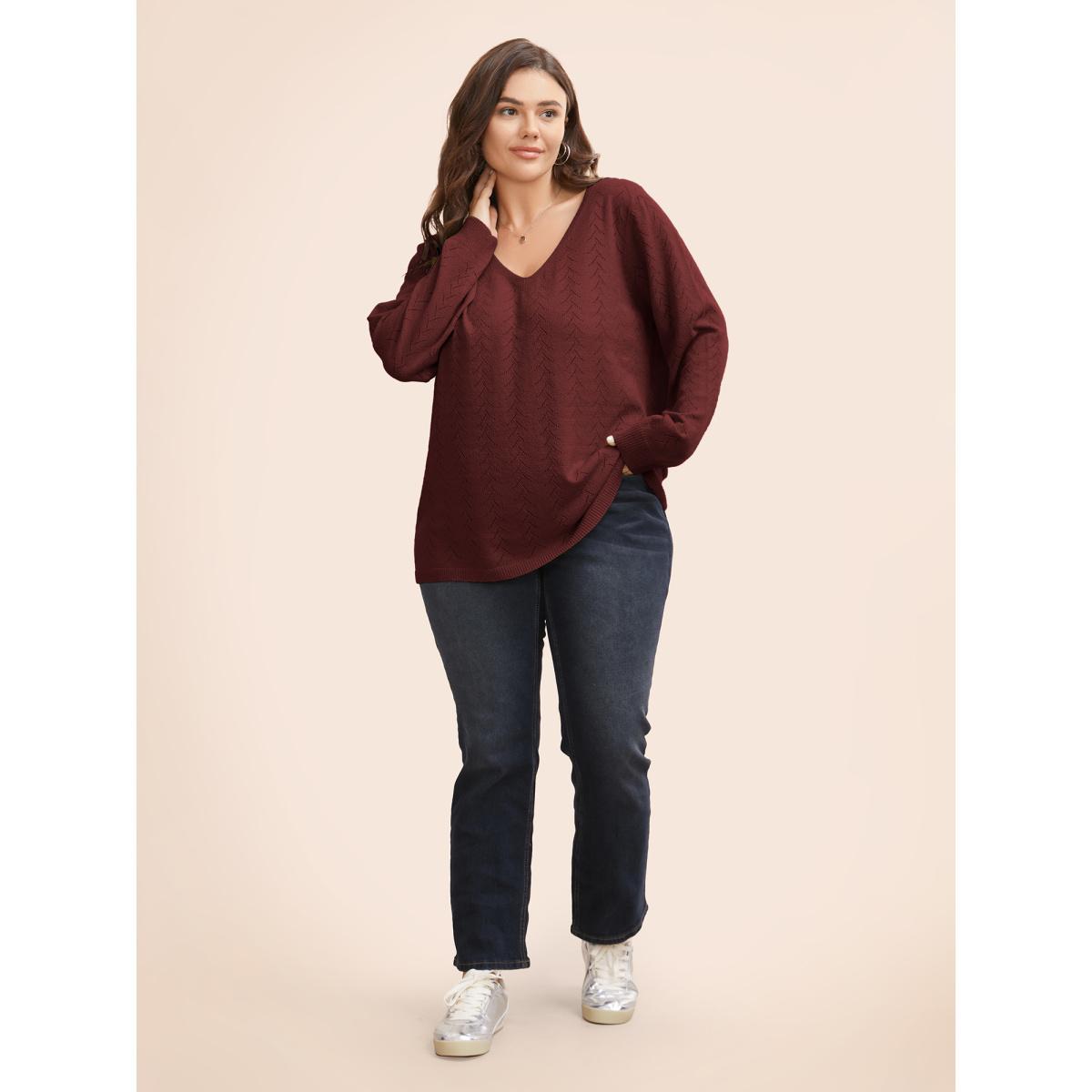 Plus Size Texture V Neck Lightweight Pullover Burgundy Women Casual Long Sleeve V-neck Everyday Pullovers BloomChic 10/M Product Image