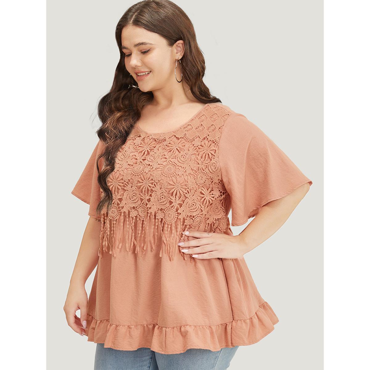 Plus Size Coral Solid Contrast Lace Fringe Trim Flutter Hem Blouse Women Vacation Short sleeve Round Neck Dailywear Blouses BloomChic 12/L Product Image