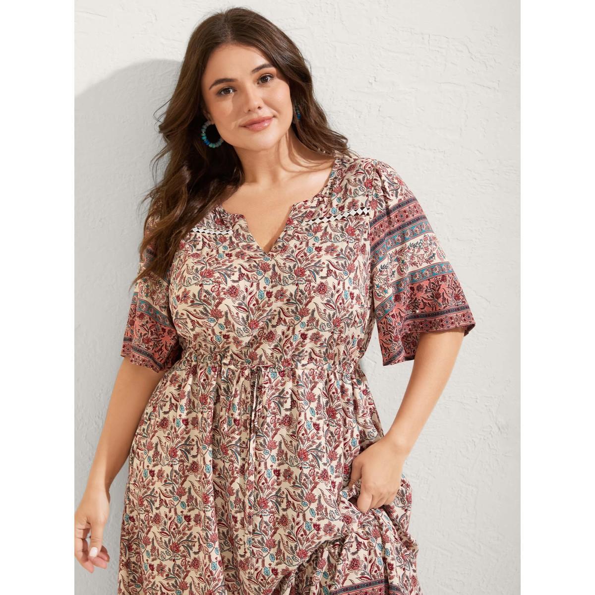 Plus Size Floral Print Lace Waist Drawstring Maxi Dress Salmon Women Woven ribbon&lace trim Flat collar with V-notch Half Sleeve Curvy BloomChic 28/5X Product Image