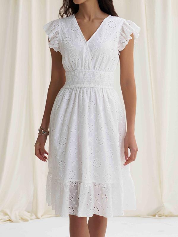 A-Line Loose Elasticity Hollow Pleated Solid Color V-Neck Mini Dresses Product Image