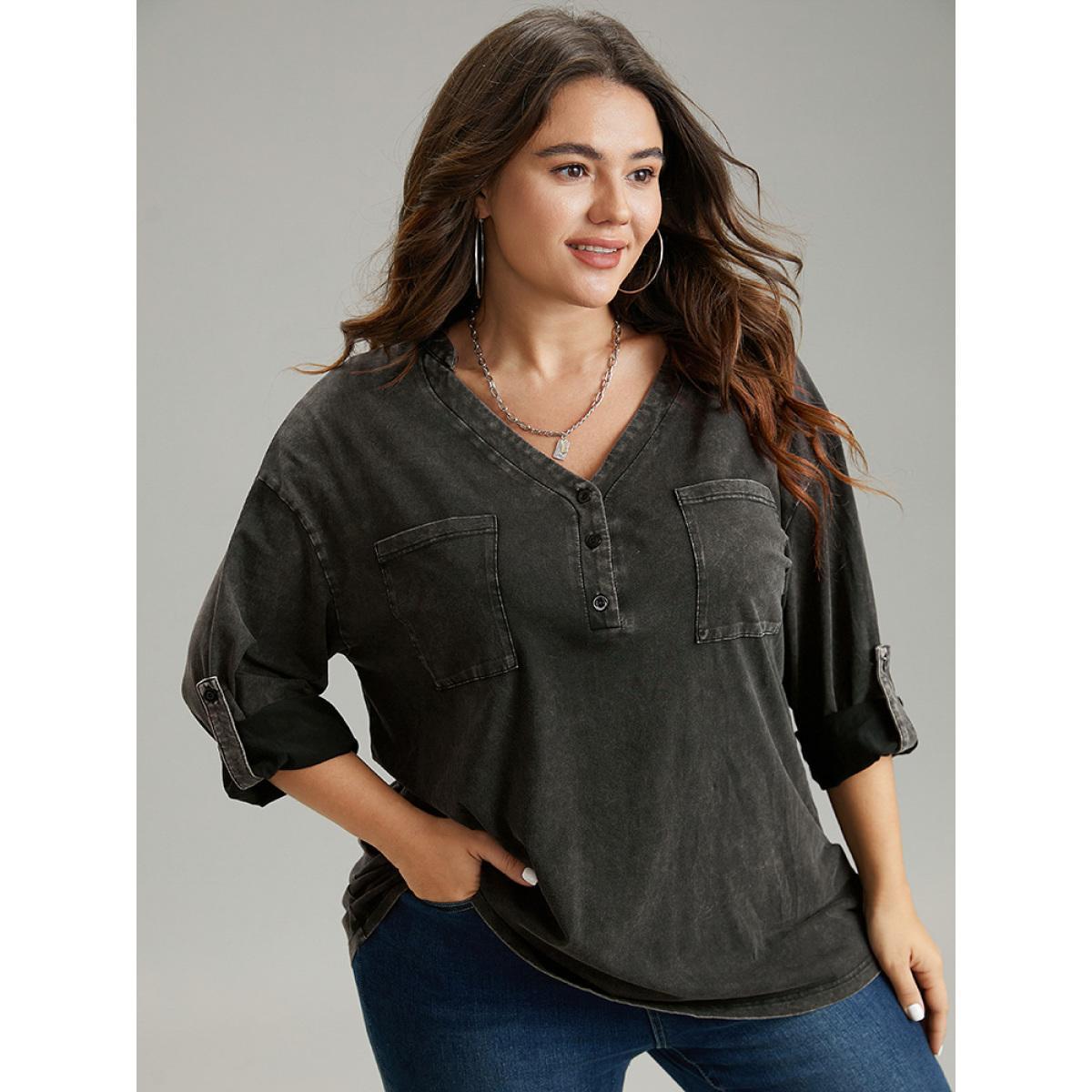 Plus Size Vintage Roll Tab Sleeve Button Up T-shirt Black Women Casual Plain Plain V-neck Dailywear T-shirts BloomChic 26/4X Product Image