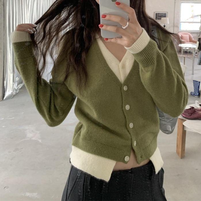 Mock Two-Piece Long-Sleeve V-Neck Two Tone Button Crop Knit Top Product Image