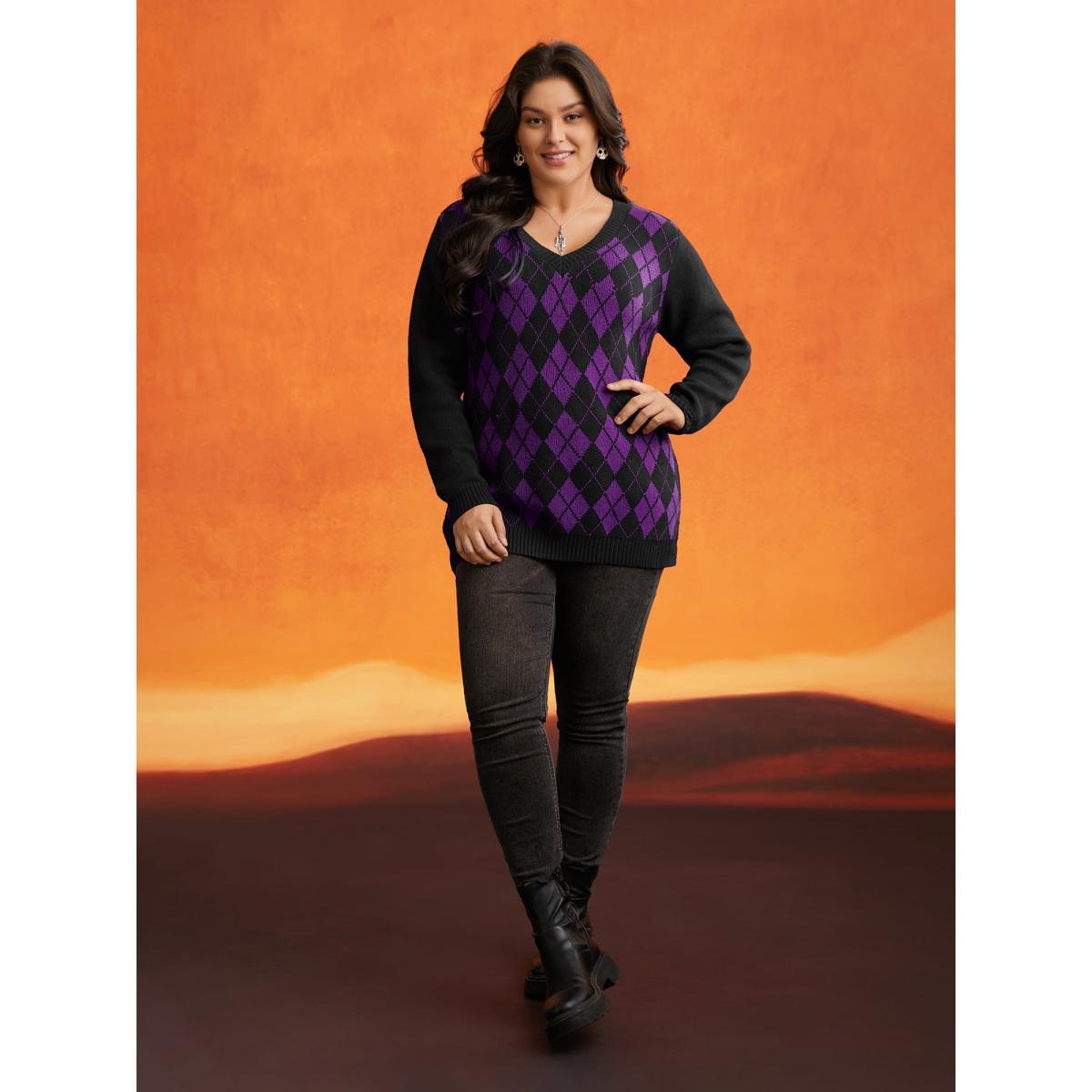 Plus Size V-Neck Plaid Print Pullover Deeppurple Women Casual Long Sleeve V-neck Everyday Pullovers BloomChic 12/L Product Image