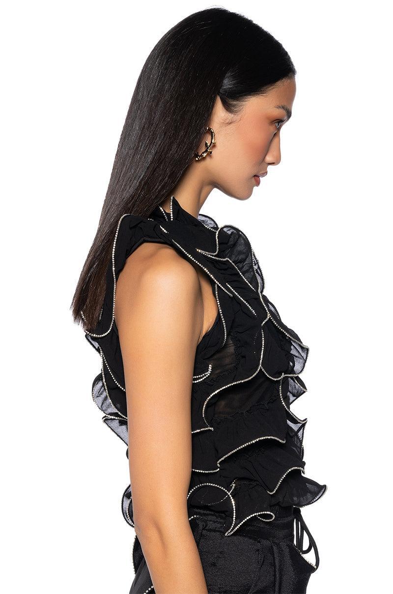 STOP AND STARE EMBELLISHED TULLE RUFFLE BLOUSE Product Image