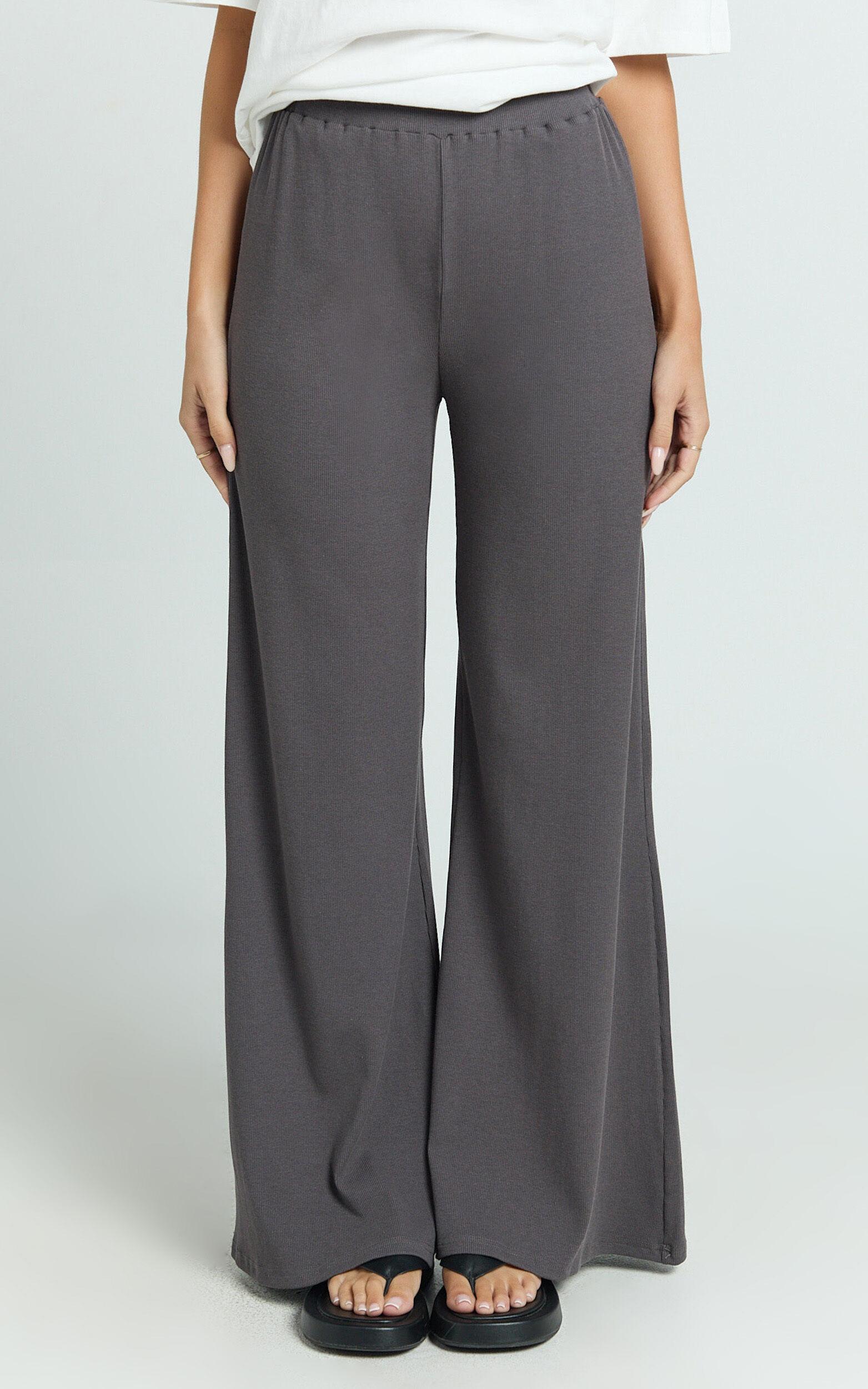 Amalthea Pants - High Waisted Jersey Rib Wide Leg Pants in Charcoal Product Image