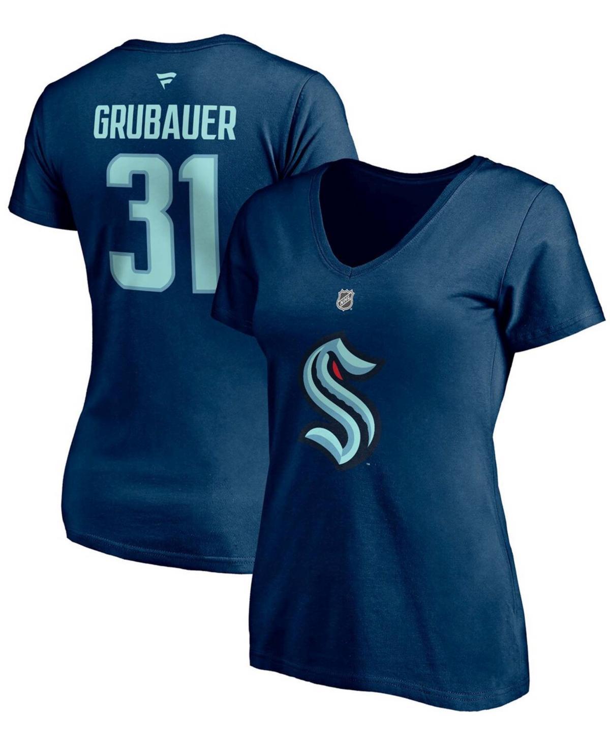 Women's Fanatics Branded Philipp Grubauer Deep Sea Blue Seattle Kraken Authentic Stack Name & Number V-Neck T-Shirt, Size: Small, Krk Blue Product Image