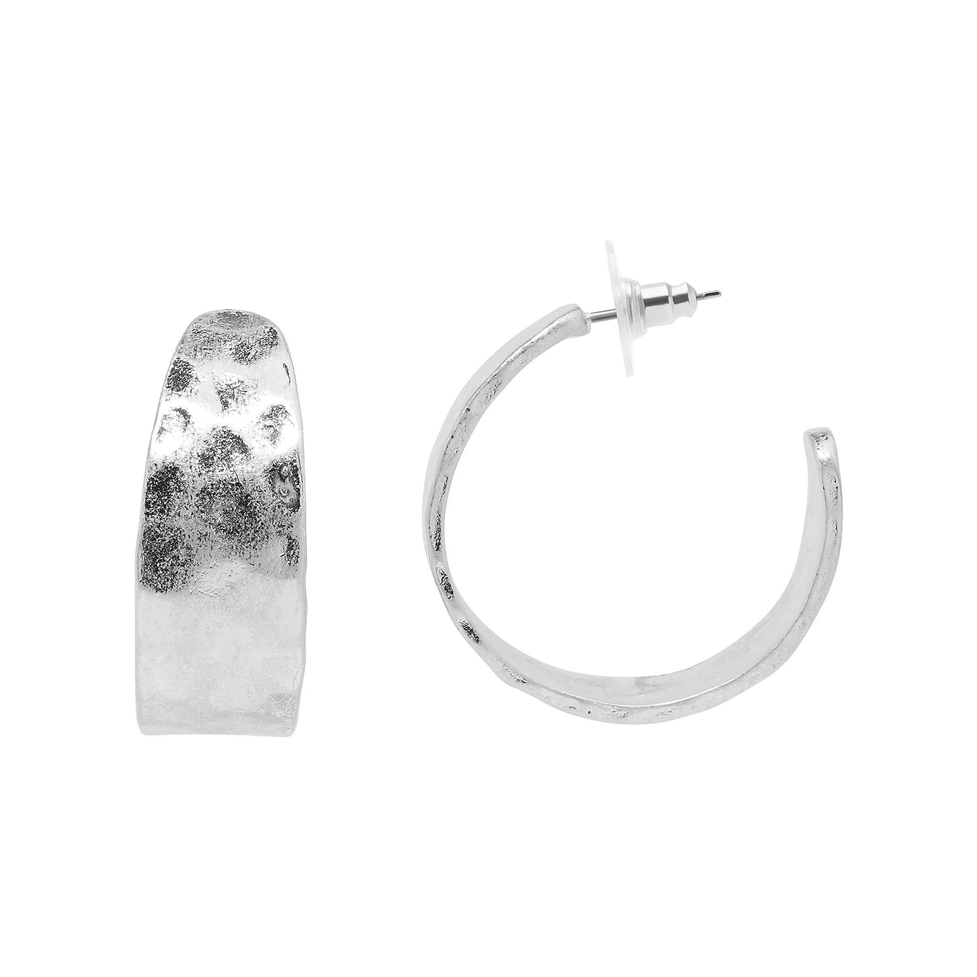 Sonoma Goods For Life Silver Tone Hammered Wide J Hoop Earrings, Womens, None Product Image