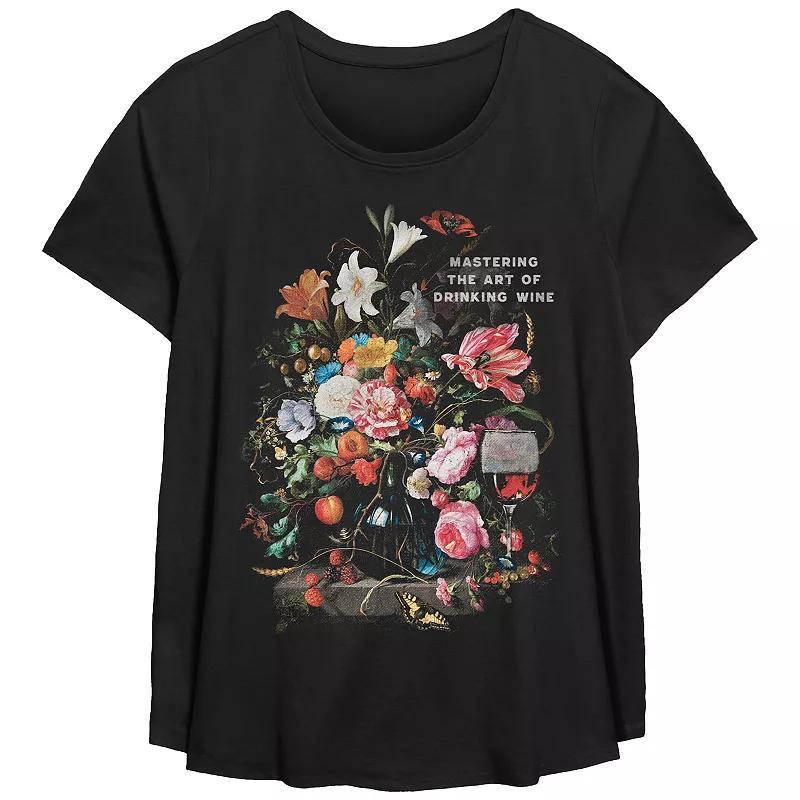 Plus Size Mastering The Art Of Drinking Wine Scoop Hem Flow Graphic Tee, Women's, Size: 1XL, Black Product Image