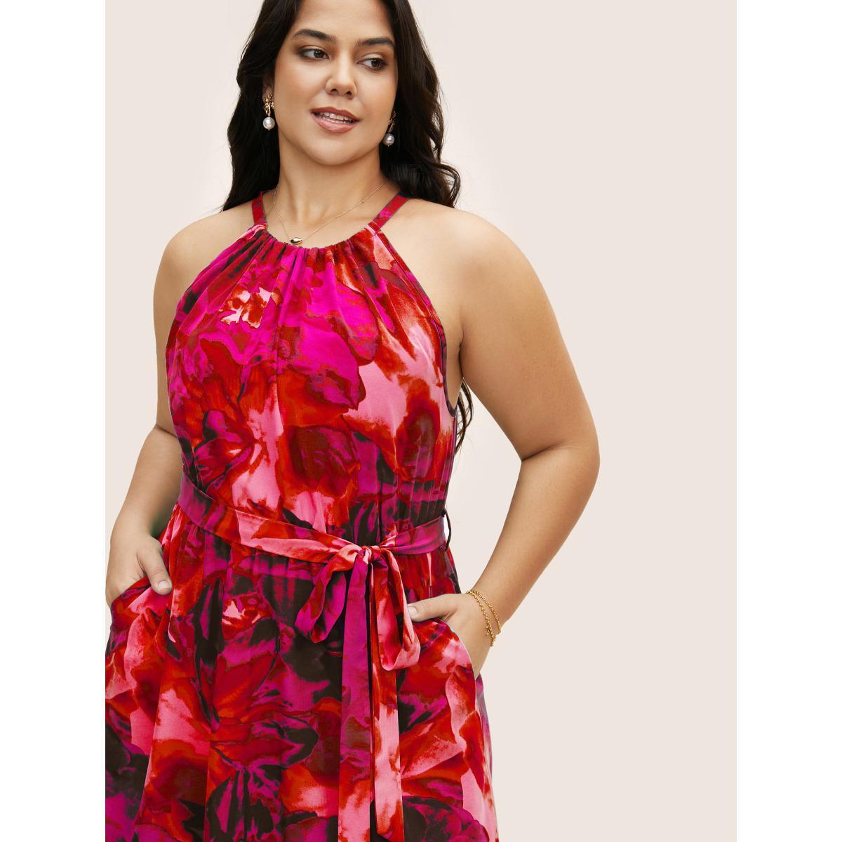 Plus Size Halter Watercolor Floral Belted Dress Crimson Women Elegant Gathered Halter neck Sleeveless Curvy BloomChic 30/6X Product Image