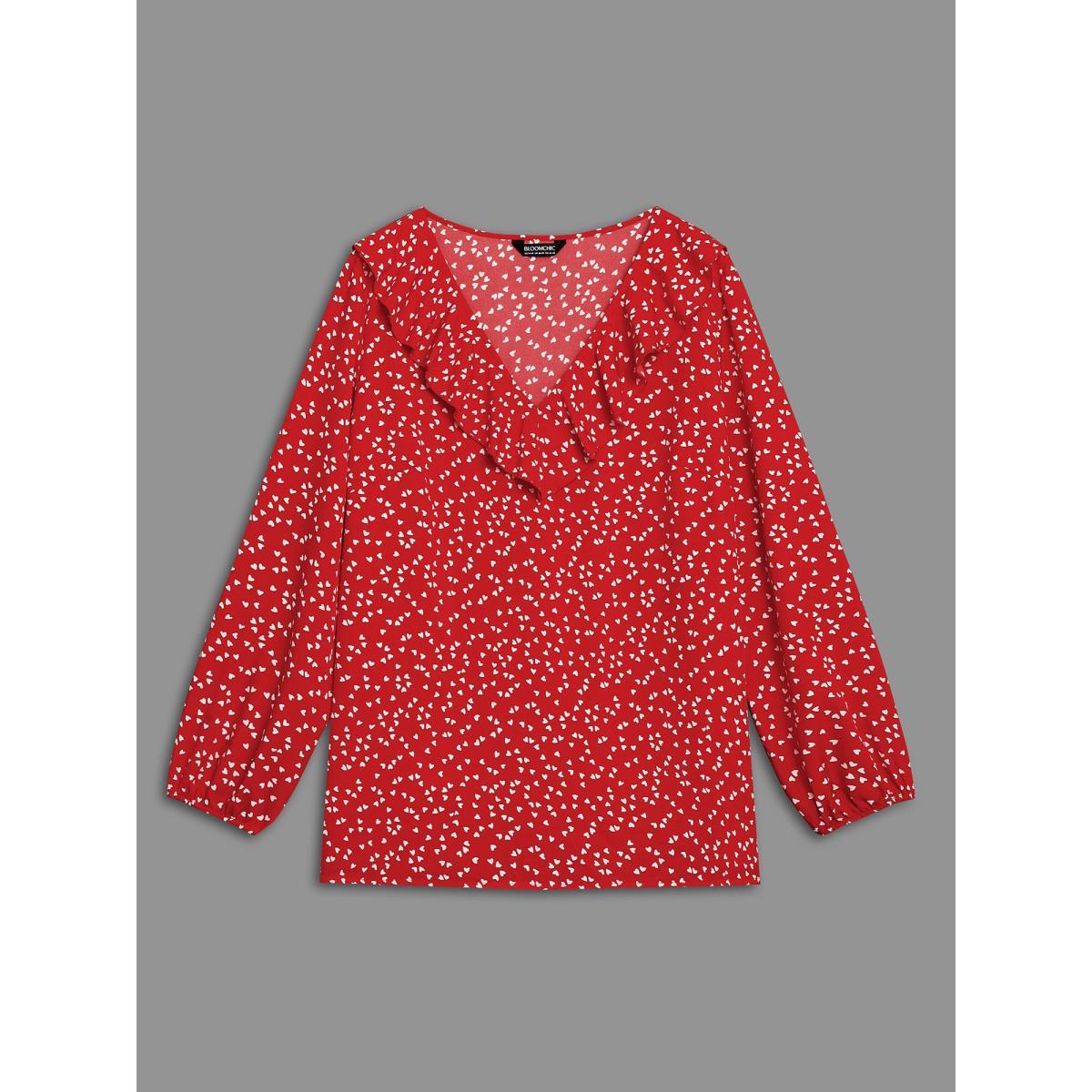 Plus Size Crimson V Neck Ruffle Heart Blouse Women Elegant Extra Long Sleeve V-neck Everyday Blouses BloomChic 26/4X Product Image