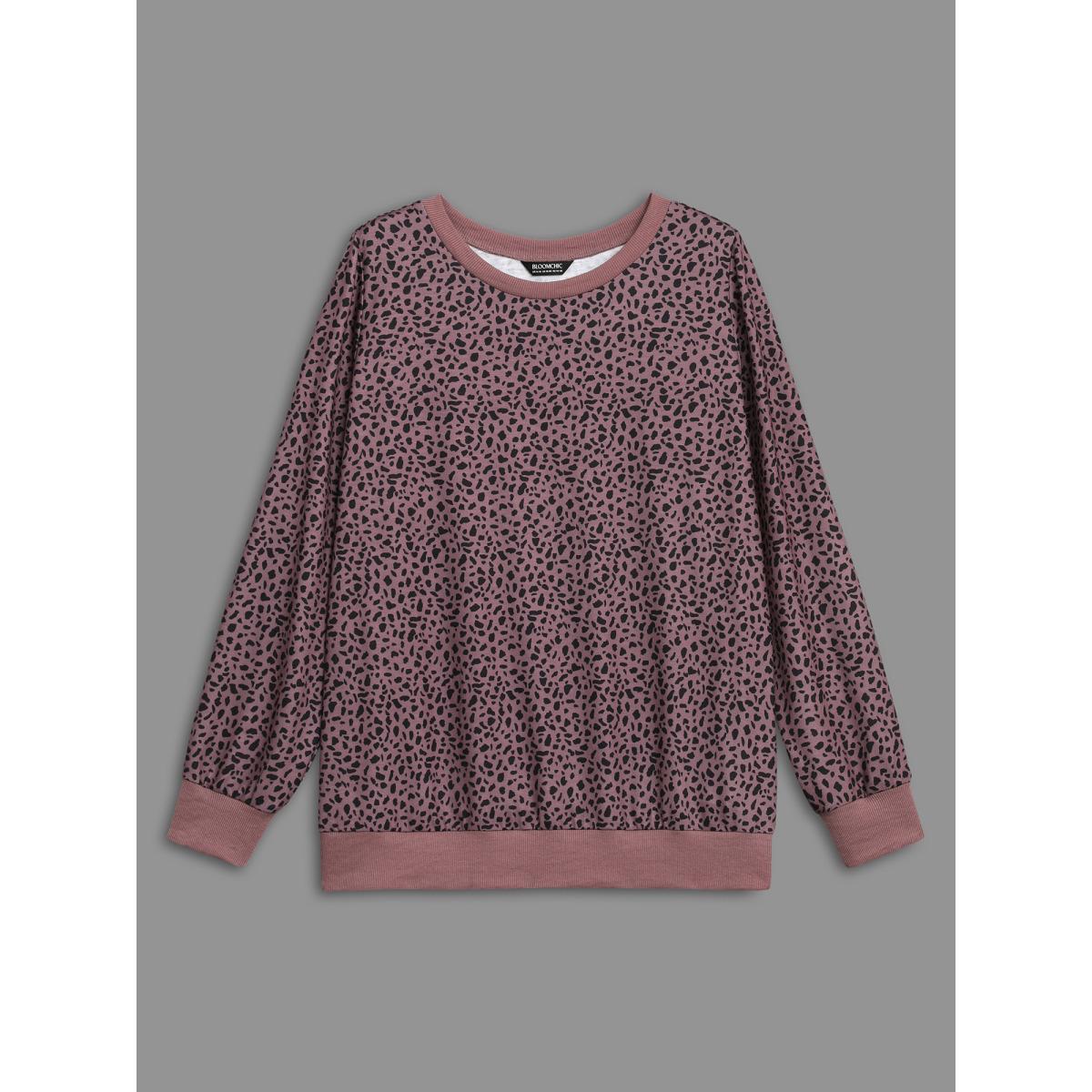 Plus Size Leopard Print Crew Neck Stretchy Sweatshirt Women DustyPink Casual Contrast Round Neck Everyday Sweatshirts BloomChic 18-20/2X Product Image