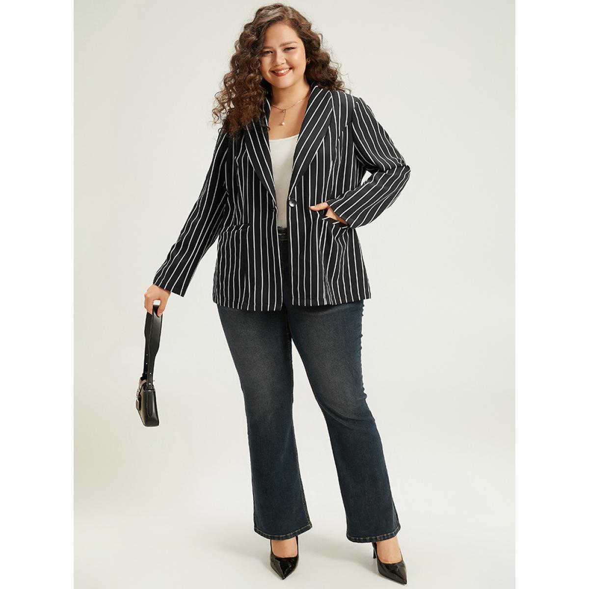 Plus Size Striped Suit Collar Button Up Blazer Black Women Work Striped Contrast Sleeve Long Sleeve Suit Collar 18-20/2X Pocket Casual Blazers BloomChic Product Image