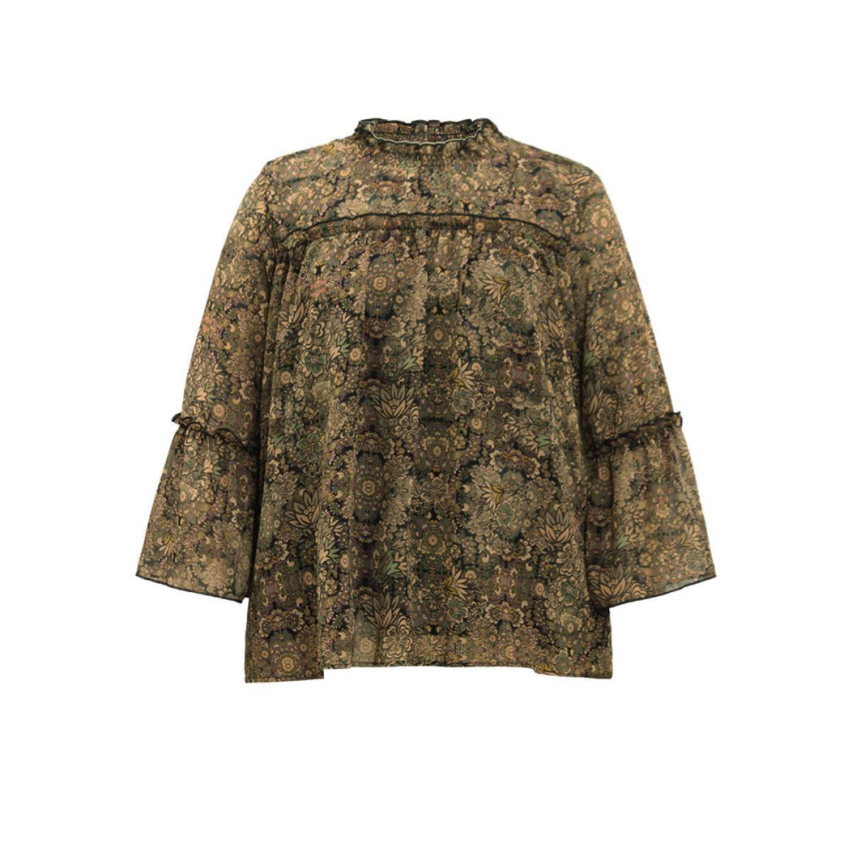 Plus Size Bronze Bandana Print Mesh Frill Trim Blouse Women Elegant Long Sleeve Round Neck Vacation Blouses BloomChic 12/L Product Image