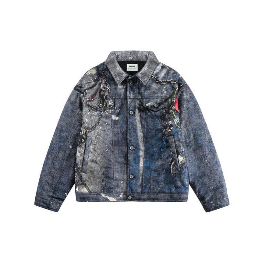 Collared Splash Print Washed Button-Up Denim Jacket Product Image
