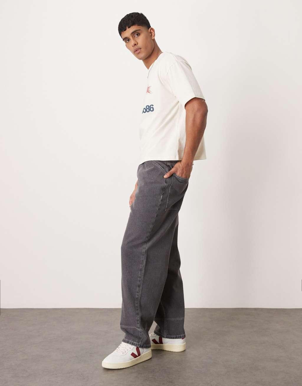 ASOS DESIGN wide skater jeans with contrast stitch in gray Product Image
