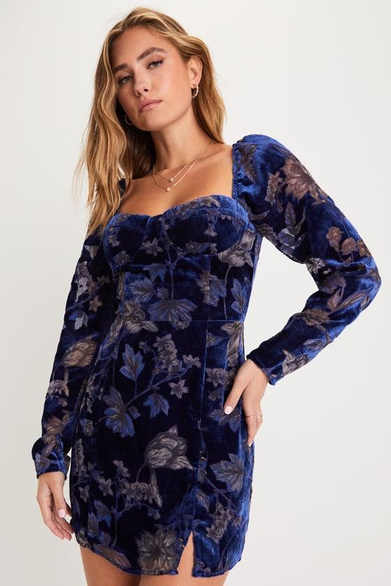 Simply Decadent Navy Floral Velvet Burnout Bustier Mini Dress Product Image