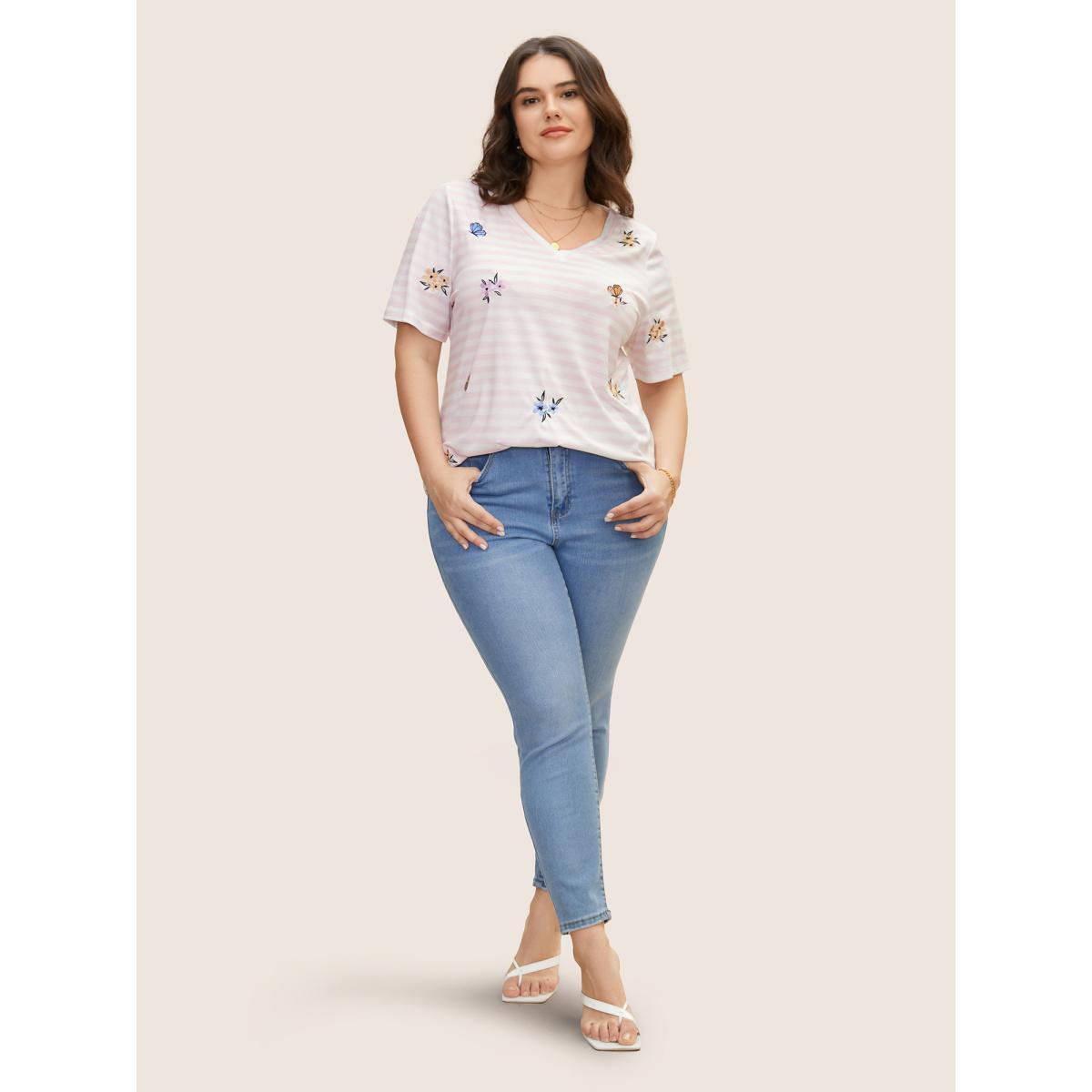 Plus Size Floral & Butterfly Embroidered Striped Crew Neck T-shirt Lilac Women Elegant Contrast Butterfly V-neck Everyday T-shirts BloomChic 10/M Product Image