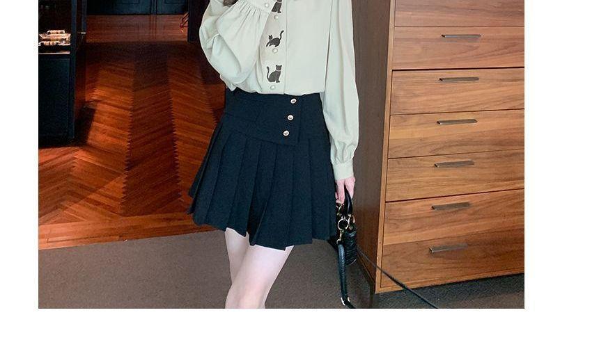 Long-Sleeve Collared Cat Embroidered Blouse Product Image