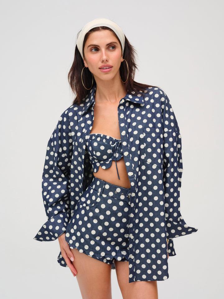 Dolly Dot Denim Button-Down Top — Blue Product Image
