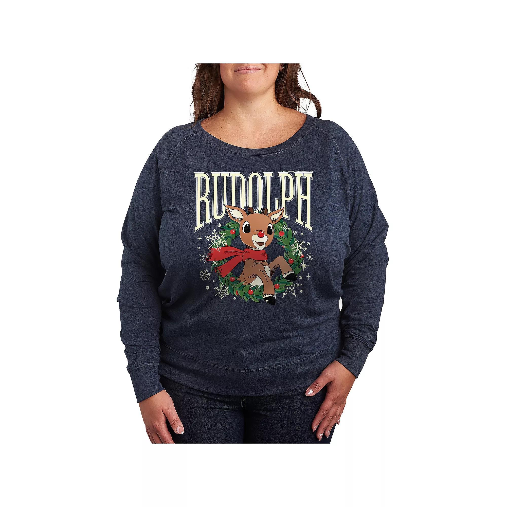 Plus Size Rudolph Wreath French Terry Long Sleeve Tee, Womens Grey Indigo Product Image