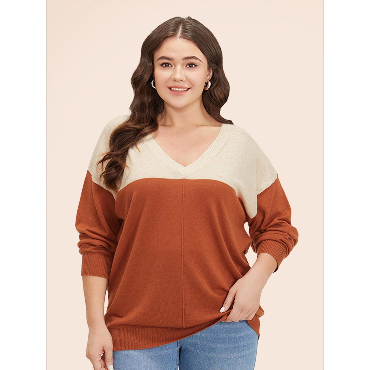 Plus Size Supersoft Essentials Colorblock Two Tone Patchwork V Neck Pullover Chocolate Women Casual Loose Long Sleeve V-neck Dailywear Pullovers BloomChic 18-20/2X Product Image