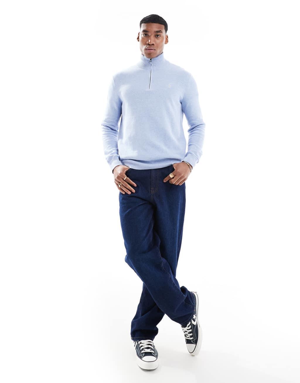 Polo Ralph Lauren icon logo textured cotton knit half zip sweater in heathered light blue Product Image
