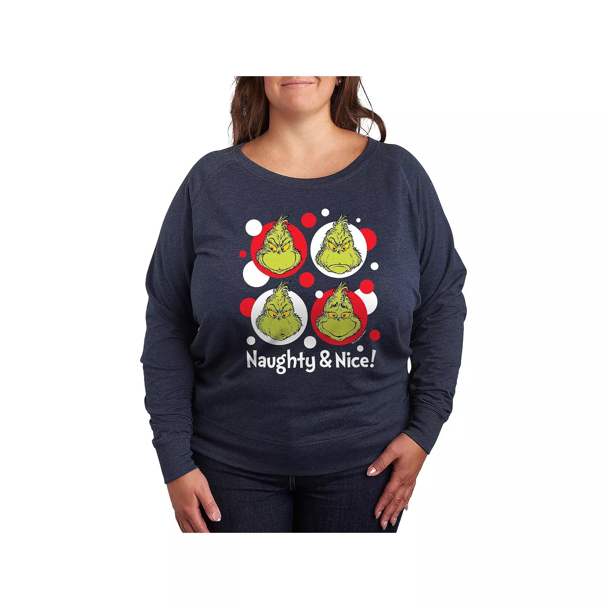 Plus Size Dr. Seuss Grinch Naughty & Nice French Terry Long Sleeve Tee, Womens Grey Indigo Product Image
