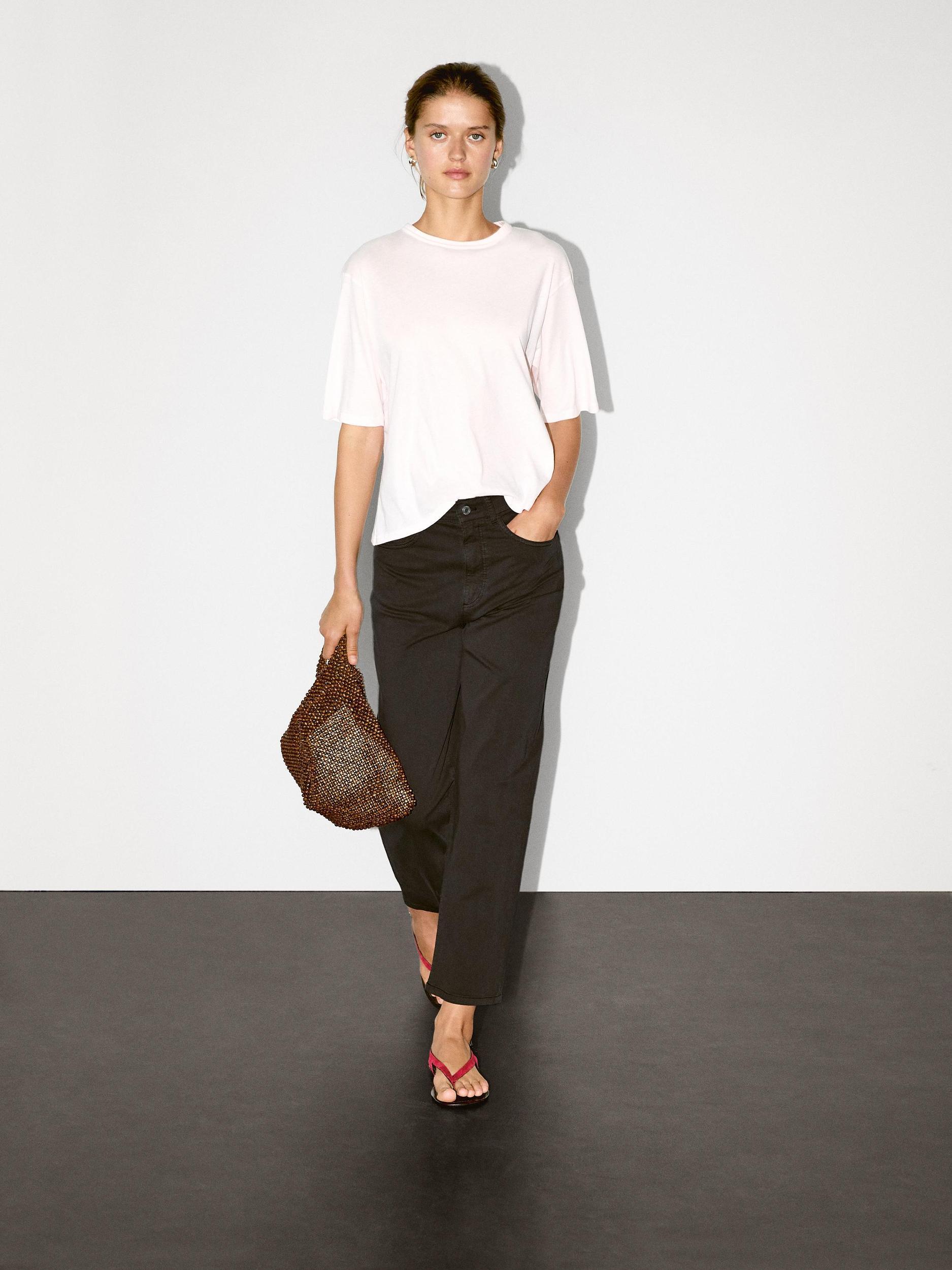 Cotton blend straight-leg cropped trousers Product Image