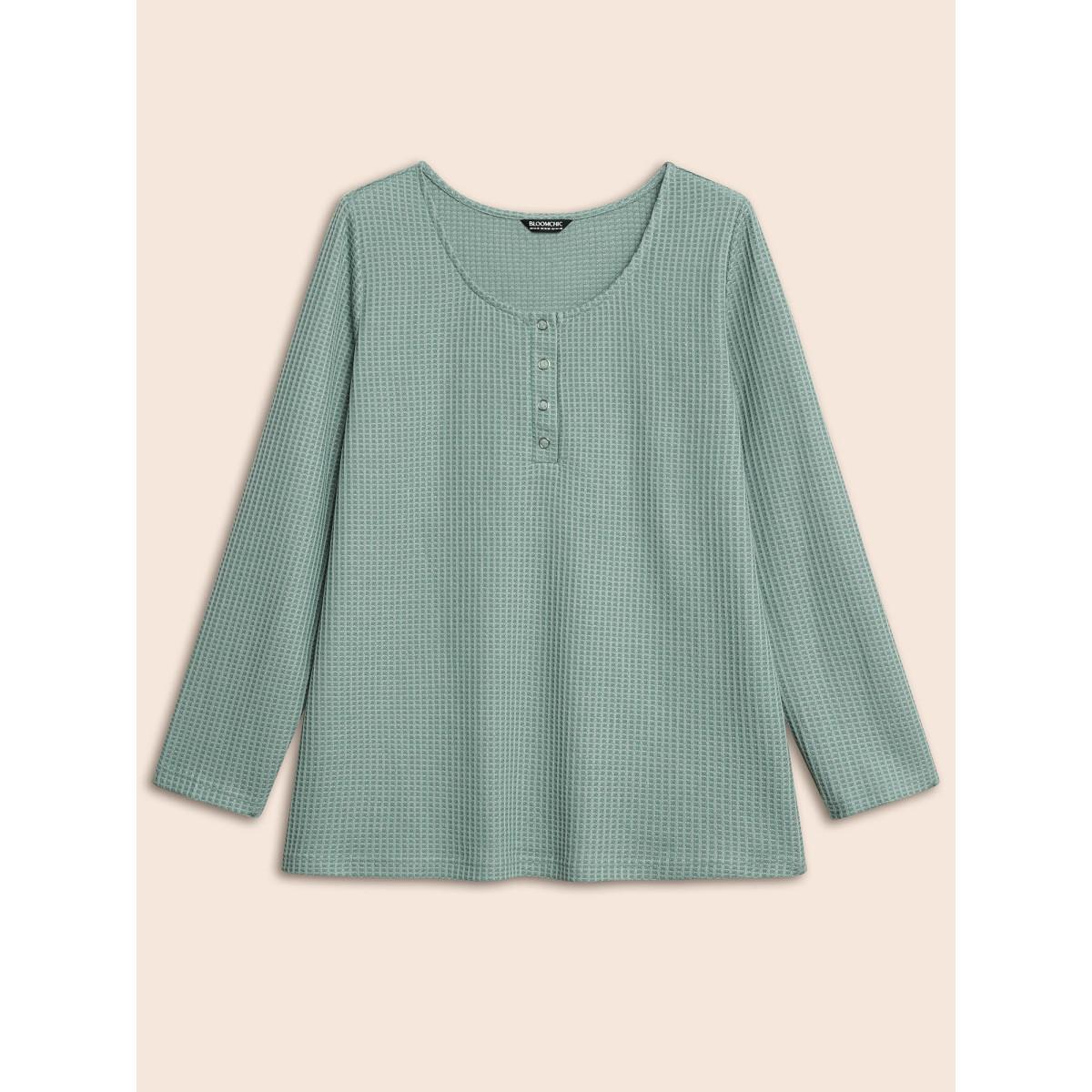 Plus Size Solid Waffle Knit Round Neck T-shirt Teal Women Casual Texture Round Neck Everyday T-shirts BloomChic 30/6X Product Image