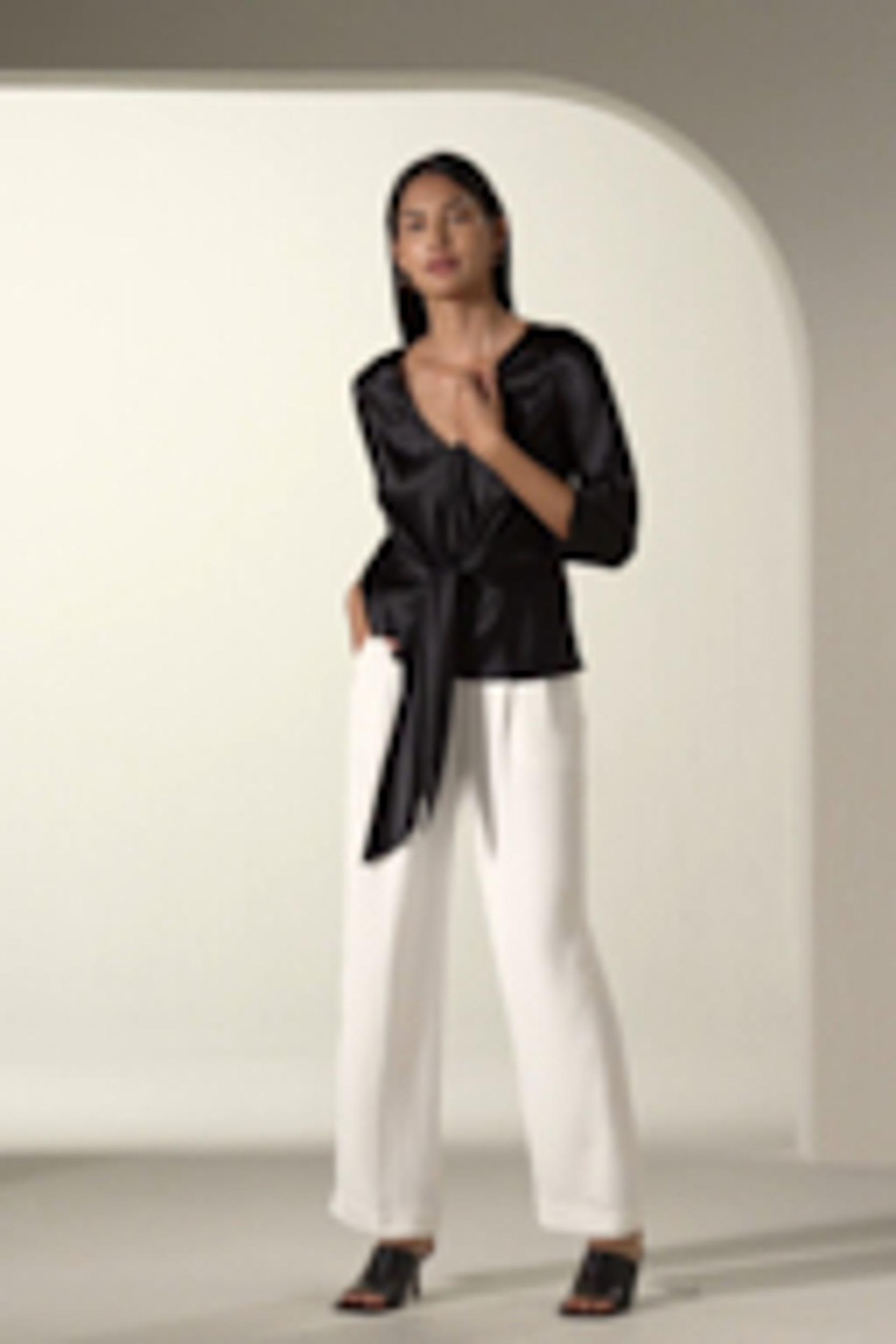 V Neck Silk Blouse with Waist Tie Product Image