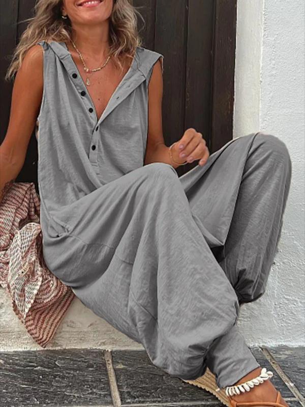 Hooded Loose Buttoned Solid Color V-neck Jumpsuits Product Image