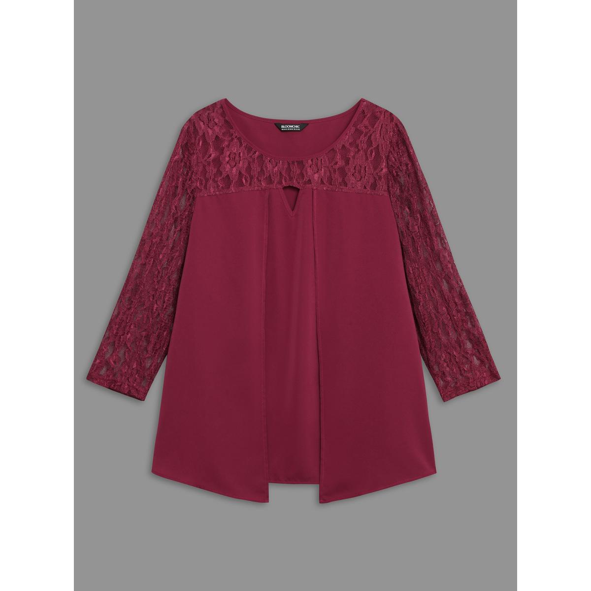 Plus Size RedViolet Sheer Lace Sleeve Neck Cut-Out Shirt Women Elegant Three Quater Length Sleeve Round Neck Everyday Blouses BloomChic 22-24/3X Product Image