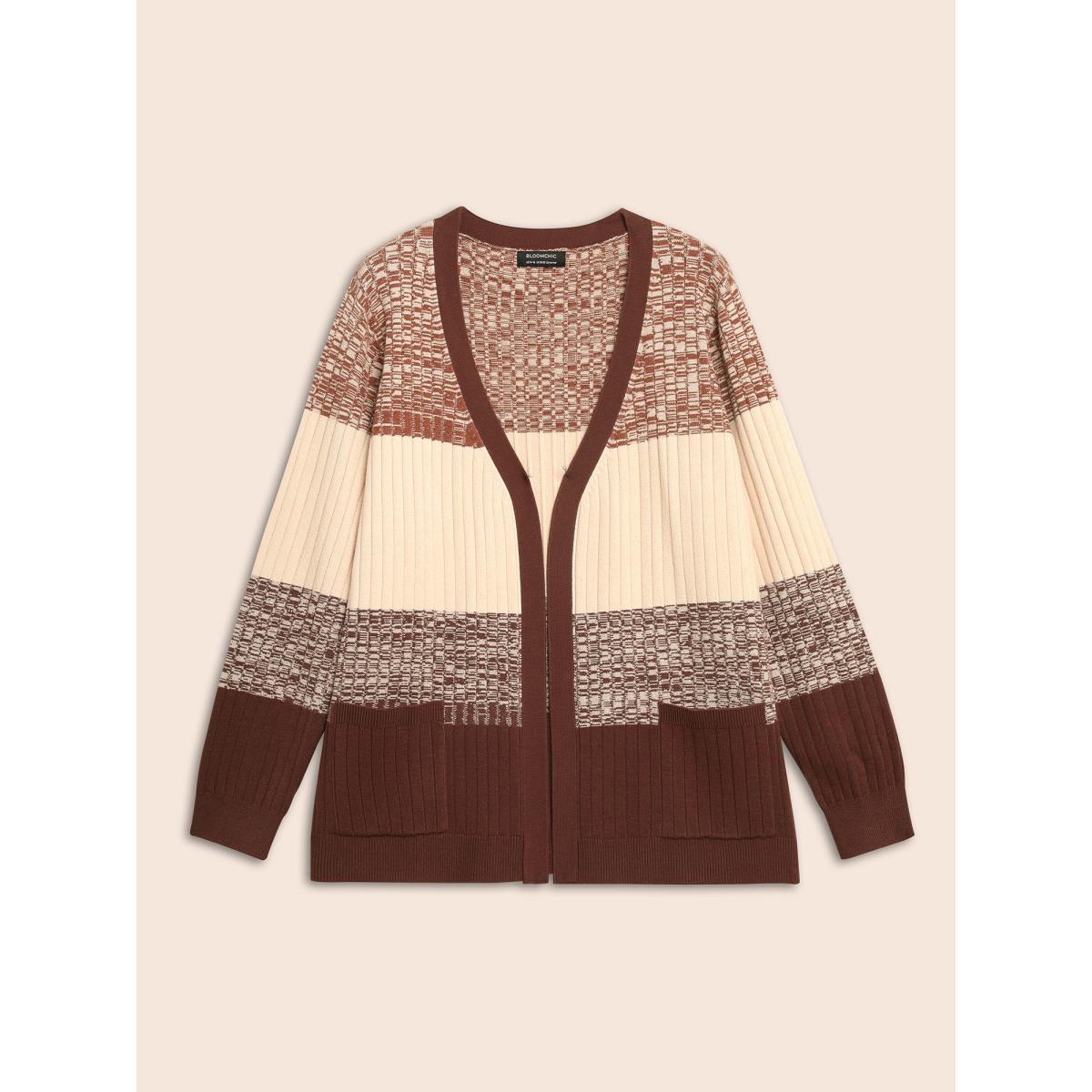 Plus Size Supersoft Essentials Textured Colorblock Contrast Cardigan Yellowishbrown Women Casual Loose Long Sleeve Everyday Cardigans BloomChic 10/M Product Image