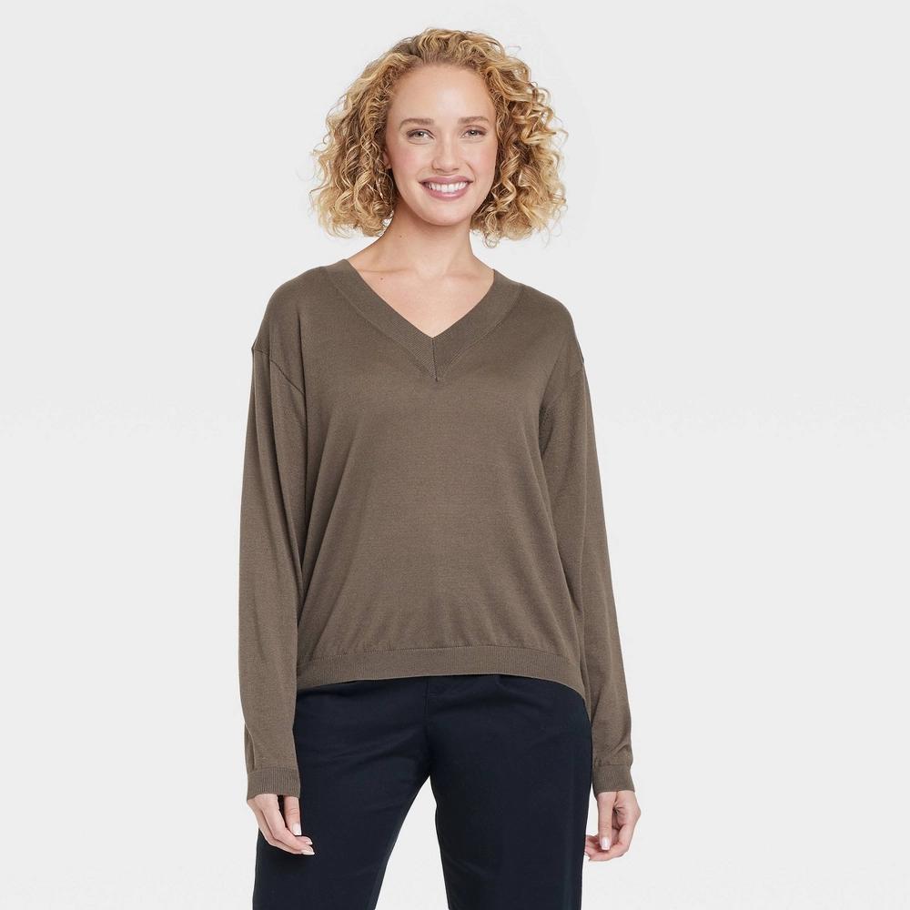 Womens Fine Gauge V-Neck Pullover Sweater - A New Day Olive XL Product Image