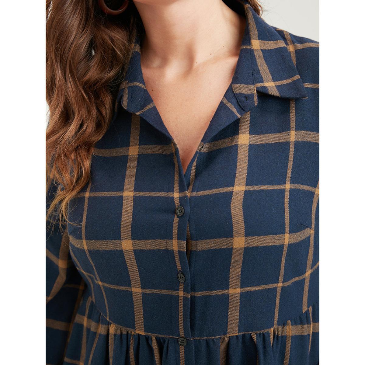 Plus Size Plaid Button Up Pocket Shirt Collar Flutter Hem Dress Without Belt DarkBlue Women Office Slit Shirt collar Long Sleeve Curvy Midi Dress BloomChic 28/5X Product Image