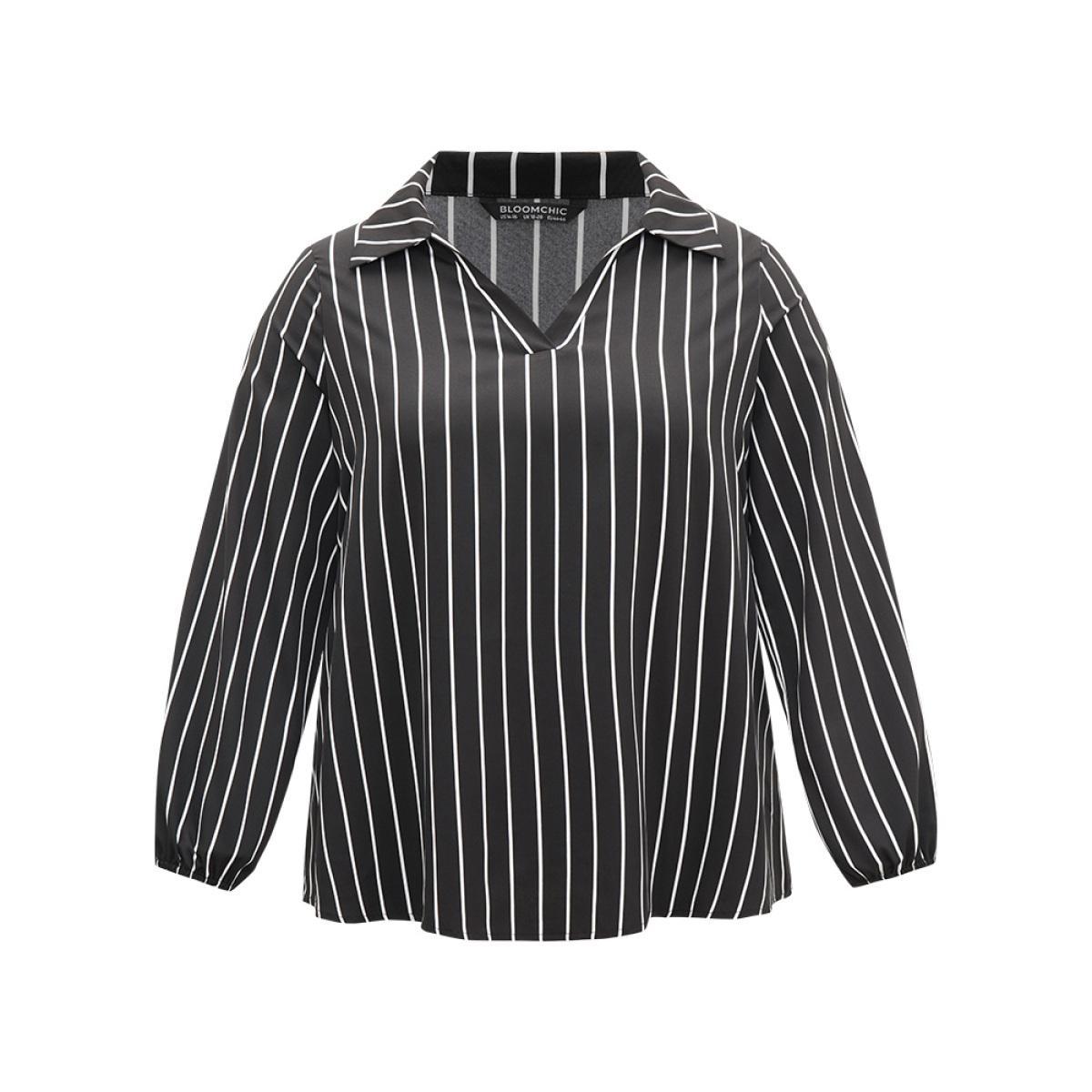 Plus Size Black Striped Shirt Collar Lantern Sleeve Blouse Women Office Long Sleeve Shirt collar Work Blouses BloomChic 14-16/1X Product Image