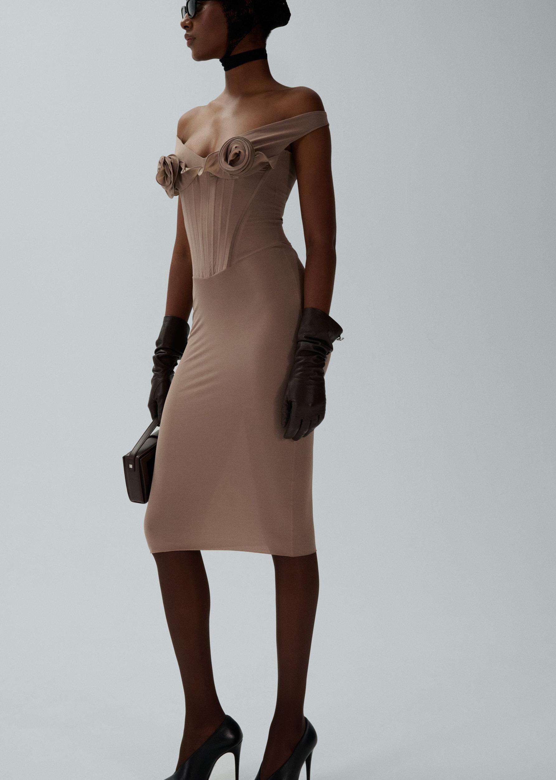 Flower bustier midi dress in beige Product Image