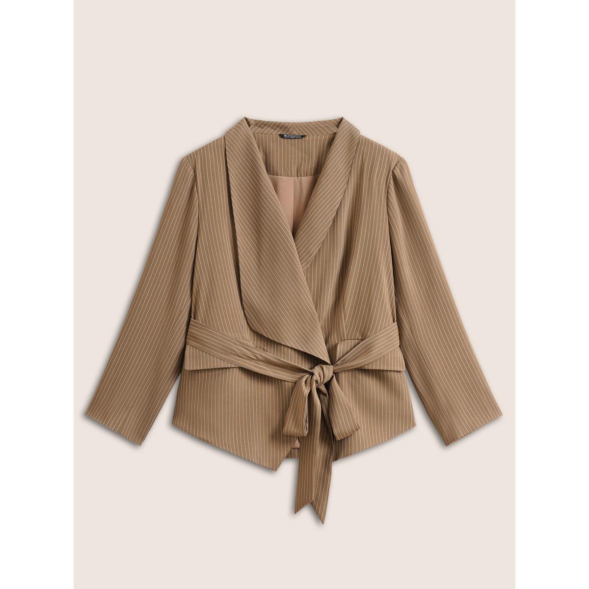 Plus Size Striped Asymmetrical Hem Belted Flap Pocket Blazer Bronze Women Work Striped Non Sleeve Long Sleeve Suit Collar 30/6X Open pocket with flap Belt At the Office Blazers BloomChic Product Image
