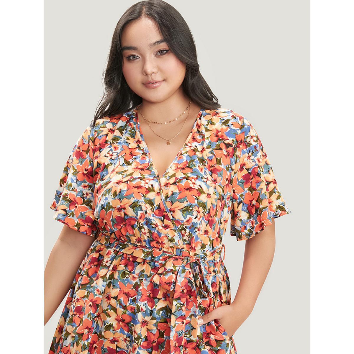Plus Size Floral Printed Ruffle Sleeve Pocket Surplice Neck Flutter Dress Multicolor Women Elegant Cross straps V-neck Short sleeve Curvy Midi Dress BloomChic 12/L Product Image
