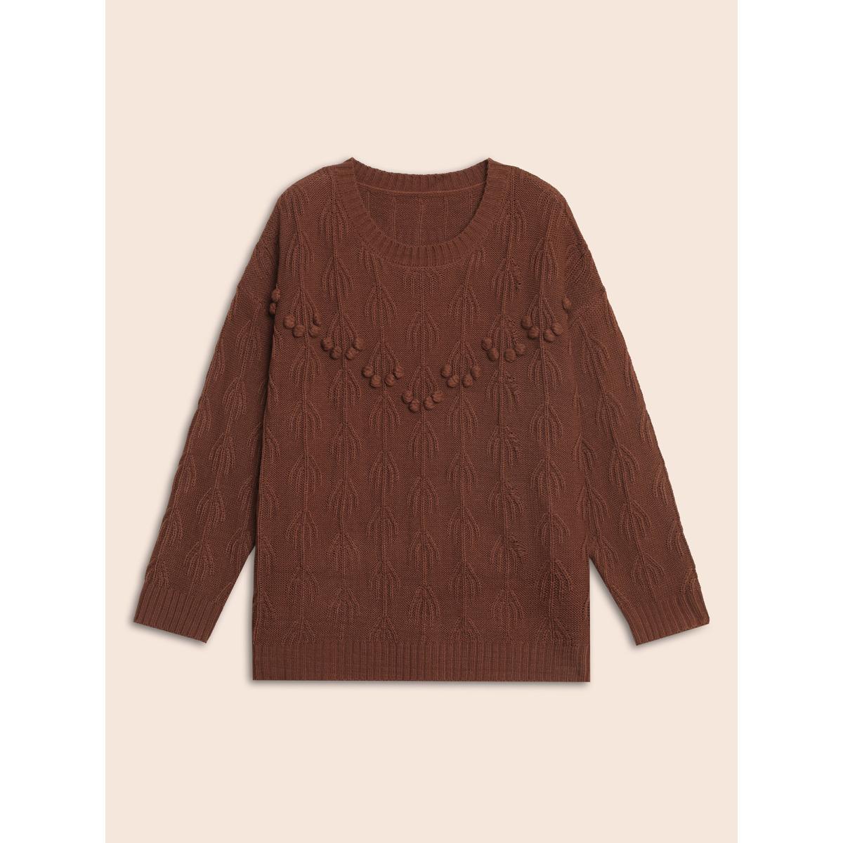 Plus Size Crochet Floral Drop Shoulder Sleeve Pullover DarkBrown Women Casual Long Sleeve Round Neck Everyday Pullovers BloomChic 22-24/3X Product Image