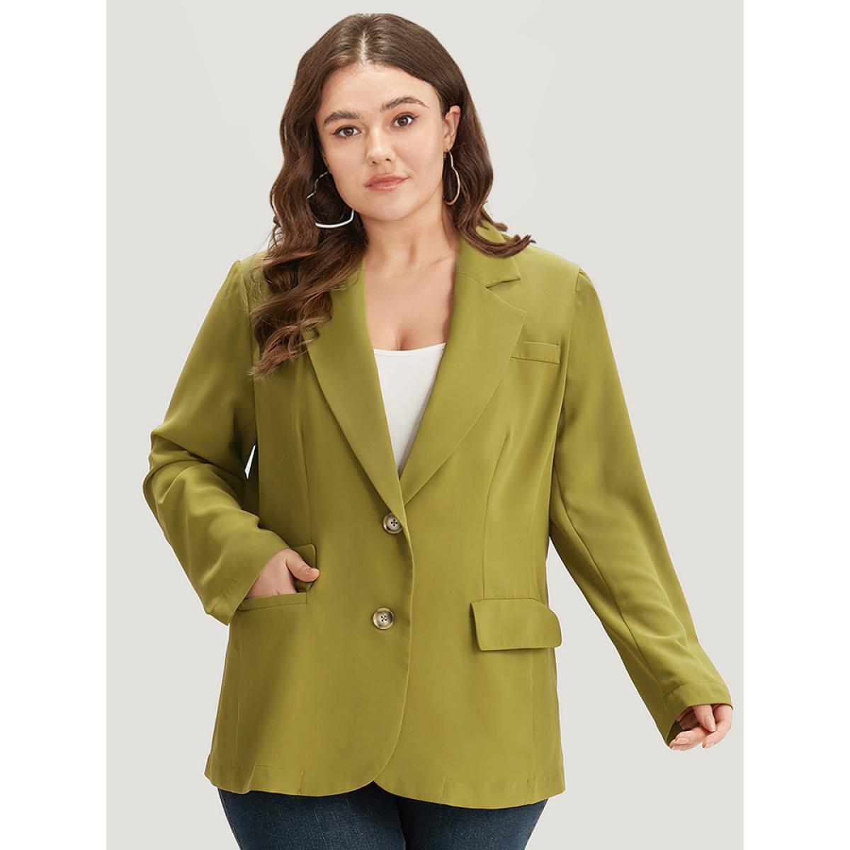 Plus Size Plain Pocket Button Up Suit Collar Blazer Olive Women Dailywear Plain Plain Sleeve Long Sleeve Lapel Collar 10/M Pocket Casual Blazers BloomChic Product Image