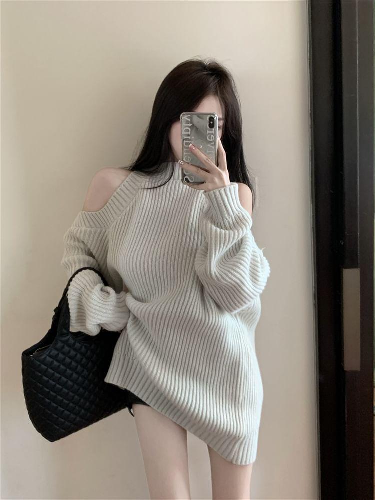 Mock Neck Cold-Shoulder Plain Ribbed Sweater Product Image