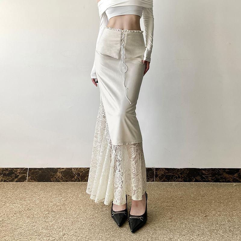 High Rise Plain Print Irregular Lace Panel Maxi Pencil Skirt Product Image